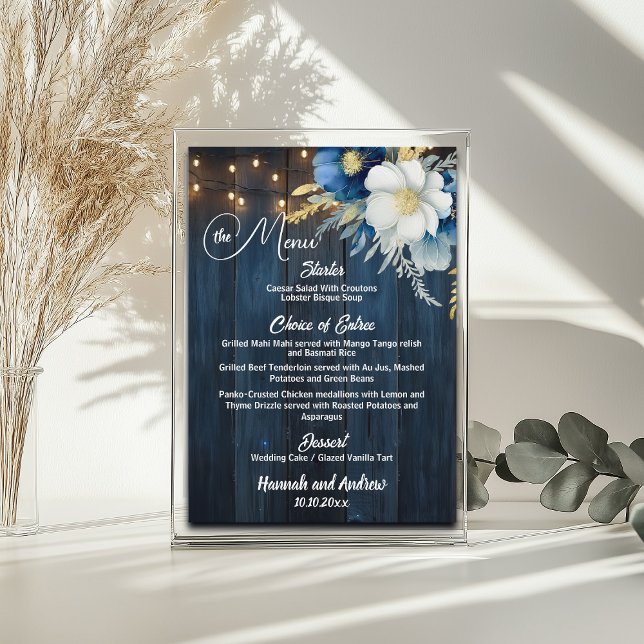 Rustic Blue Wood String Lights Floral Wedding  Menu (Creator Uploaded)