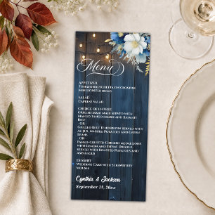 Rustic Blue Wood String Lights Floral Wedding Menu