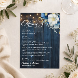 Rustic Blue Wood String Lights Floral Wedding Menu