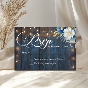 Rustic Blue Wood String Lights Floral Wedding RSVP