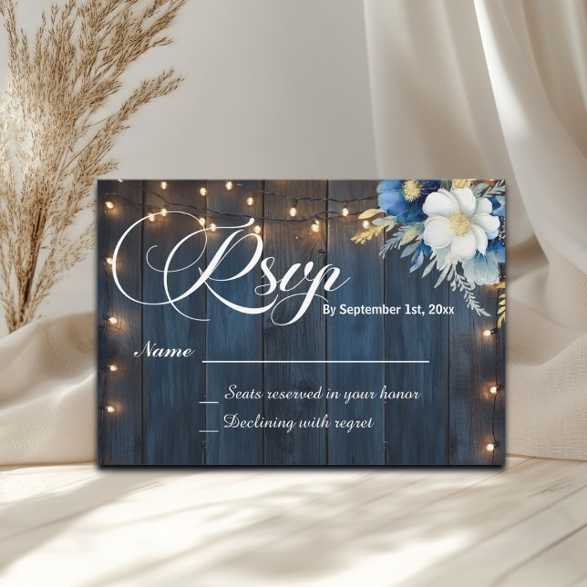 Rustic Blue Wood String Lights Floral Wedding RSVP Card (Creator Uploaded)