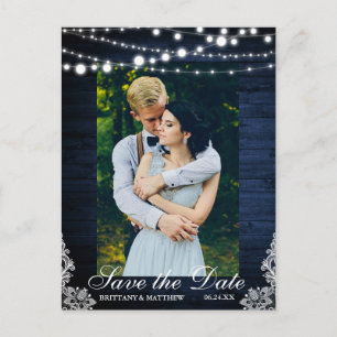 Rustic Blue Wood String Lights Lace Save the Date Postcard