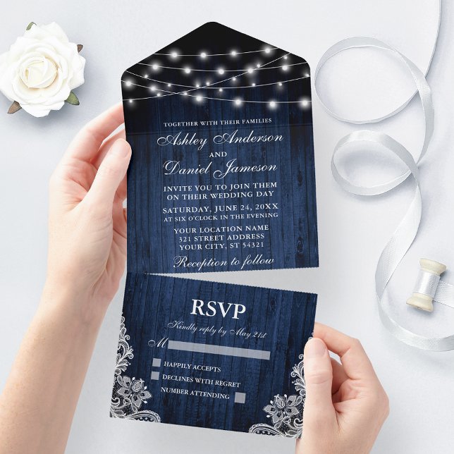 Rustic Blue Wood String Lights Lace Wedding All In One Invitation (All In One Wedding Invitation with tear off RSVP Card)