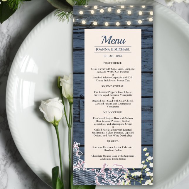 Rustic Blue Wood String Lights & Lace Wedding Menu (Creator Uploaded)