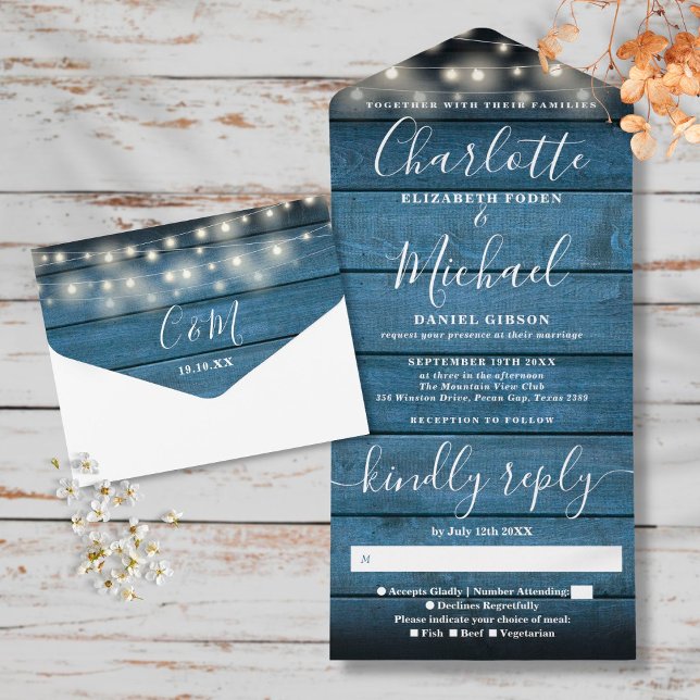Rustic Blue Wood String Lights Monogram Wedding All In One Invitation (Creator Uploaded)
