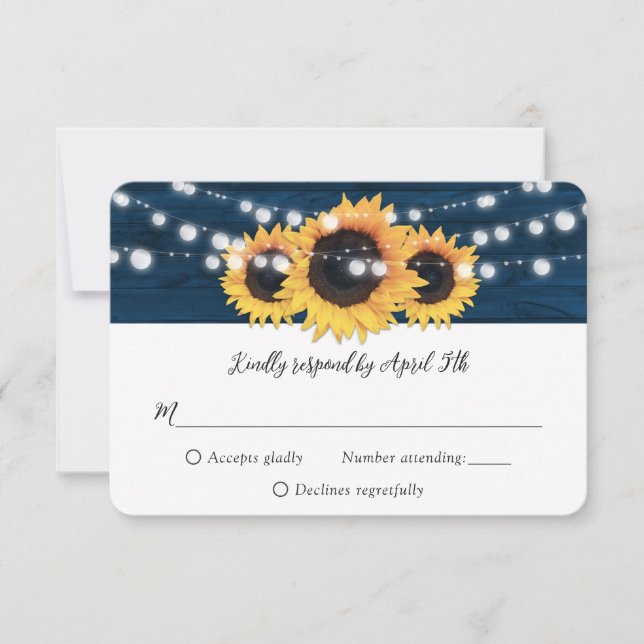 Rustic Blue Wood String Lights Sunflower Wedding RSVP Card (Front)