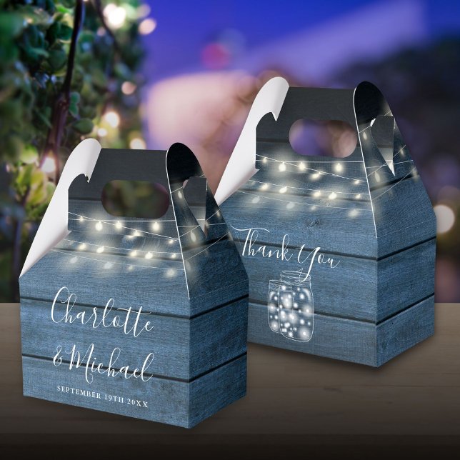 Rustic Blue Wood String Lights Wedding Favour Box (Rustic Blue Wood String Lights Wedding Favor Box)