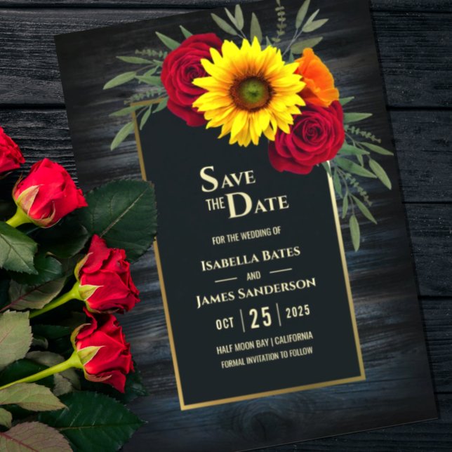 Rustic Blue Wood Sunflower Burgundy Rose Wedding S Save The Date (Creator Uploaded)