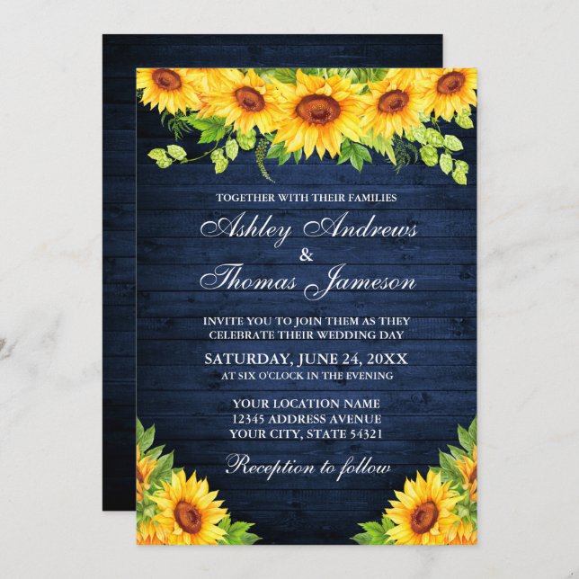 Rustic Blue Wood Sunflower Floral Greenery Invitation (Front/Back)