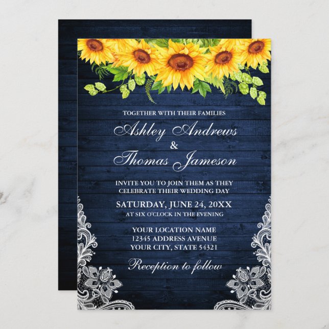 Rustic Blue Wood Sunflower Floral Greenery Lace Invitation (Front/Back)