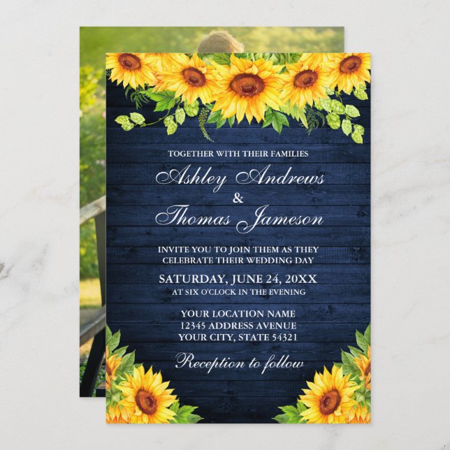 Rustic Blue Wood Sunflower Floral Greenery Photo Invitation (Front/Back)