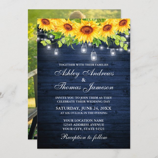 Rustic Blue Wood Sunflower Floral Jar Lights Photo Invitation (Front/Back)