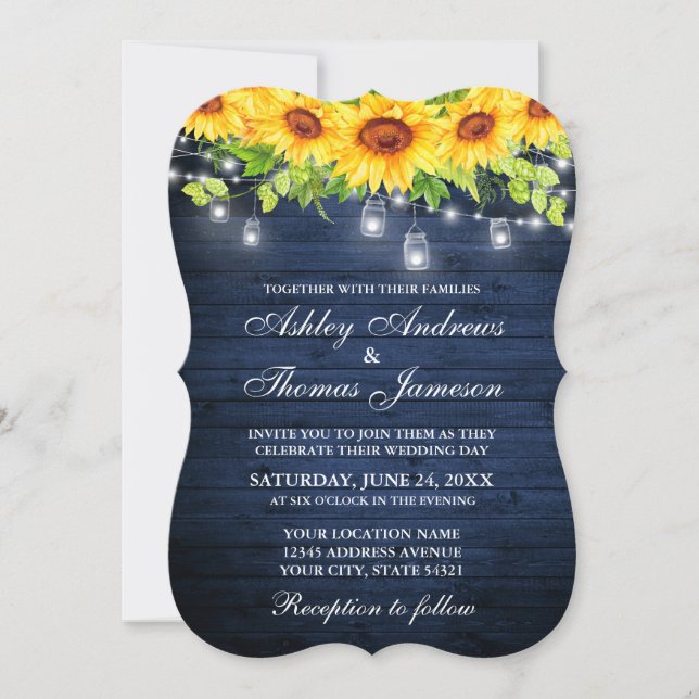 Rustic Blue Wood Sunflower Floral Mason Jar Lights Invitation (Front)