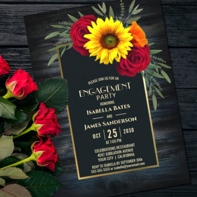 Rustic Blue Wood Sunflower Rose Engagement Party Invitation (Creator Uploaded)