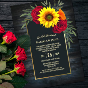 Rustic Blue Wood Sunflower Rose Wedding Reception Invitation