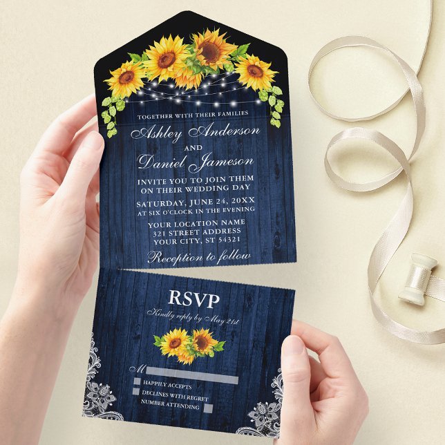 Rustic Blue Wood Sunflowers Lace Lights Wedding All In One Invitation (All In One Wedding Invitation with tear off RSVP Card)