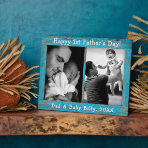 Rustic Blue Wood Text First Father's Day Photo Plaque