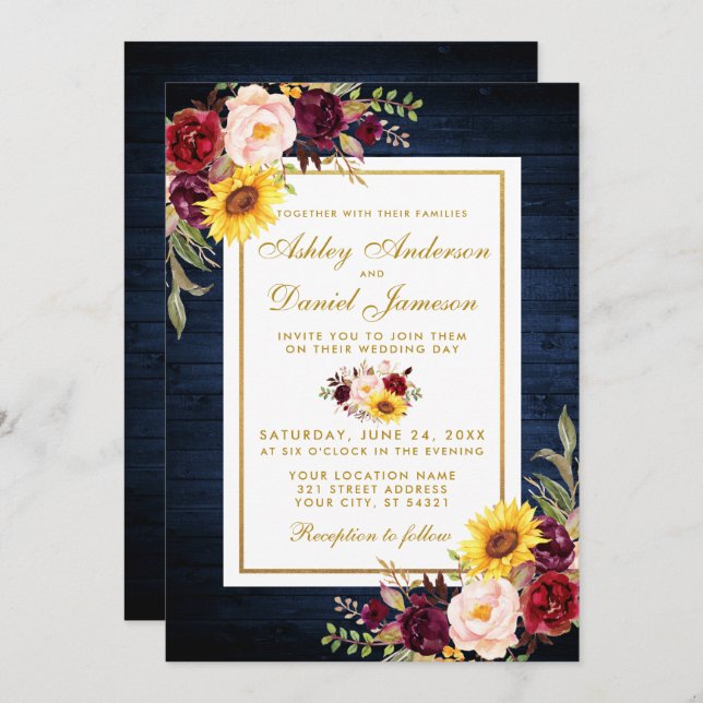 Rustic Blue Wood Watercolor Floral Gold Wedding Invitation (Front/Back)
