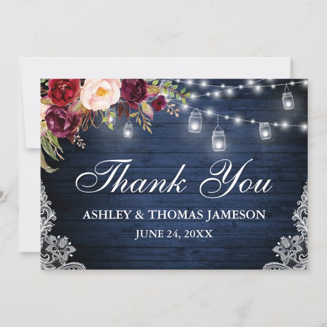 Rustic Blue Wood Wedding Floral Jar Lights Lace Thank You Card (Front)