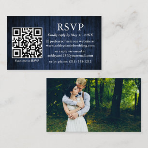 Rustic Blue Wood Wedding QR Photo RSVP Enclosure Card