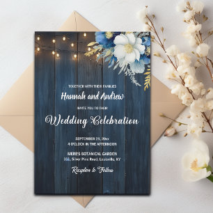 Rustic Blue Wood White Blue Floral Wedding Invitation