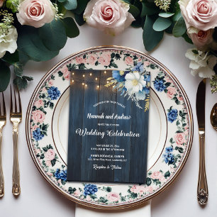 Rustic Blue Wood White Blue Floral Wedding Invitation