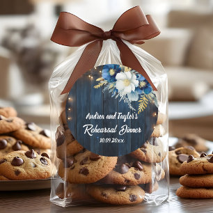 Rustic Blue Wood White Floral Rehearsal Dinner Classic Round Sticker