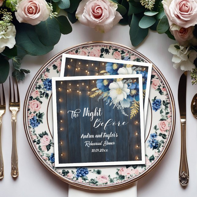 Rustic Blue Wood White Floral Rehearsal Dinner Napkin (Creator Uploaded)