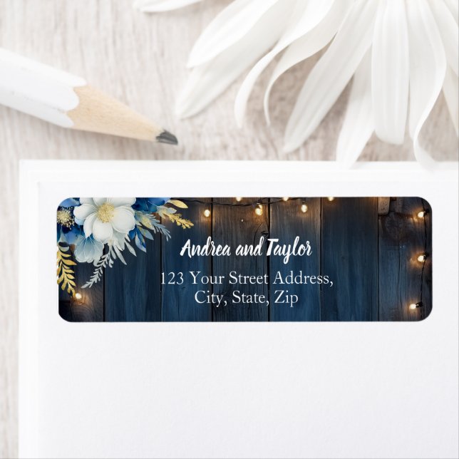 Rustic Blue Wood White Floral Return Address Label (Insitu)