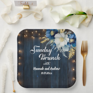 Rustic Blue Wood White Floral Sunday Brunch Paper Plate