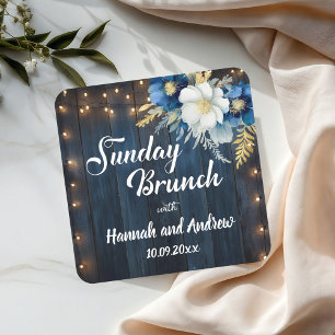 Rustic Blue Wood White Floral Sunday Brunch Square Sticker