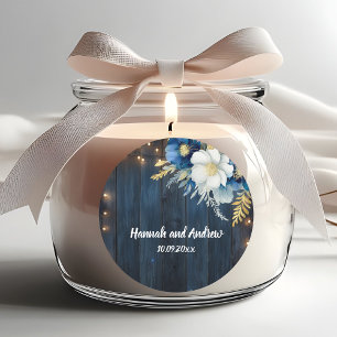 Rustic Blue Wood White Floral Wedding  Classic Round Sticker