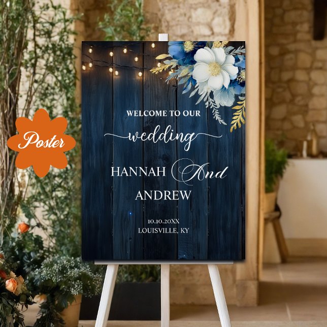 Rustic Blue Wood White Floral Wedding Welcome Poster (Creator Uploaded)