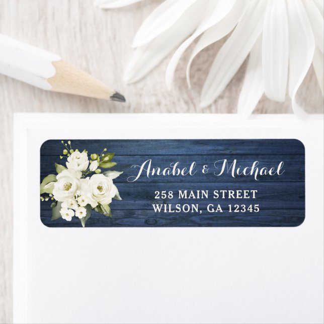 Rustic Blue Wood White Flower Return Address Label (Insitu)