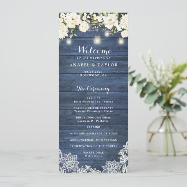 Rustic Blue Wood White Flowers Lace Wedding Program (Standing Front)