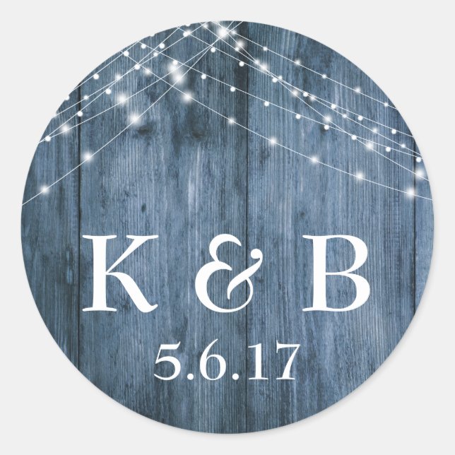 Rustic Blue Wood & White Light Strings Wedding Classic Round Sticker (Front)