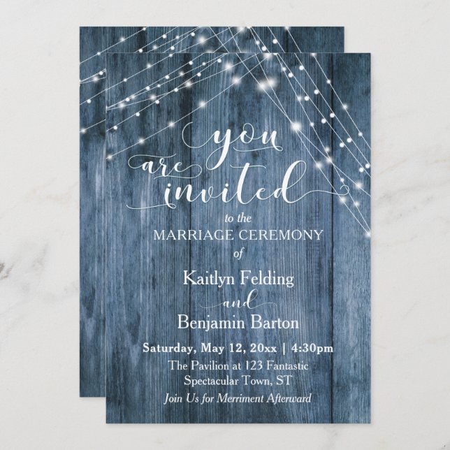 Rustic Blue Wood, White Light Strings Wedding Invitation (Front/Back)