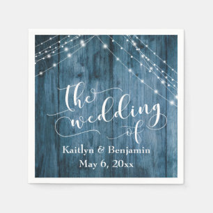 Rustic Blue Wood, White Light Strings Wedding Napkin