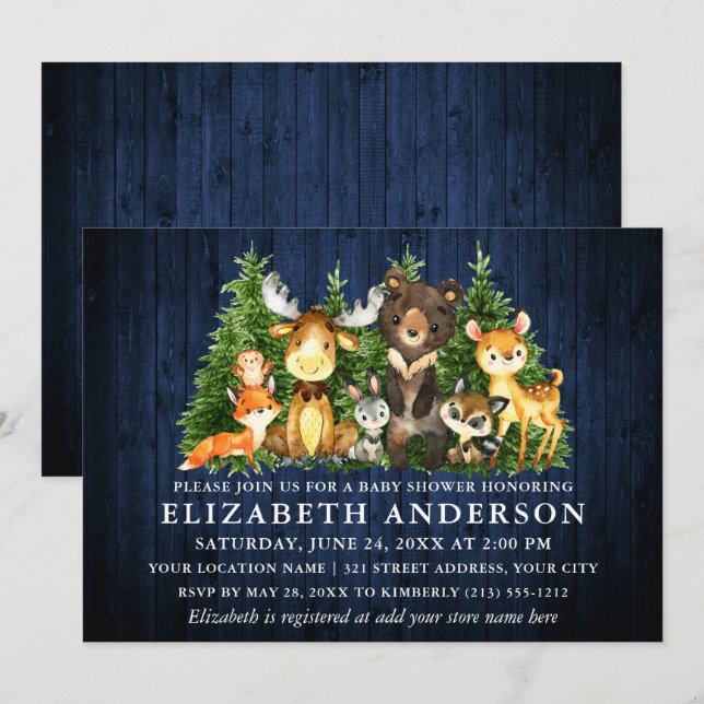 Rustic Blue Wood Woodland Animals Shower Invitation (Front/Back)