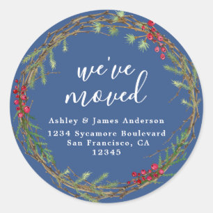 Rustic Blue Wreath We’ve Moved Address Classic Round Sticker