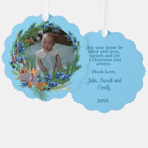 Rustic Blue Wreath - Your Photo - Personalised Tree Decoration Card