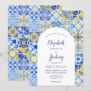 Rustic Blue Yellow Arch Portuguese Tile Wedding Invitation