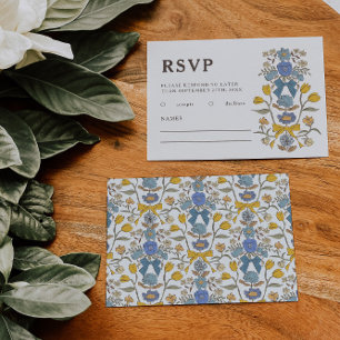 Rustic Blue Yellow Bows and Flowers Wedding RSVP Card