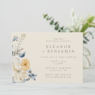 Rustic Blue Yellow Floral Watercolor RSVP Wedding Invitation