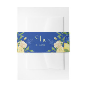 Rustic Blue Yellow Lemon Floral Monogram Wedding Invitation Belly Band