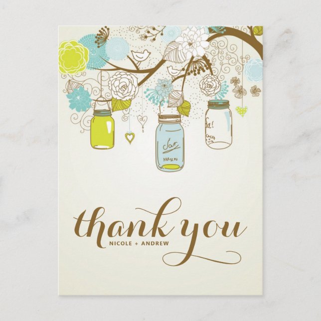 RUSTIC BLUE & YELLOW MASON JARS THANK YOU POSTCARD (Front)