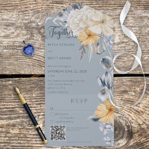 Rustic Blue Yellow & White Floral Blue QR Code All In One Invitation