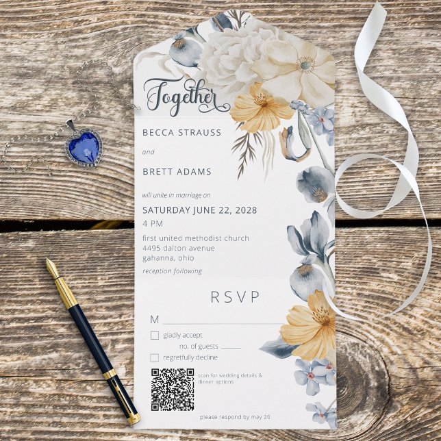 Rustic Blue Yellow & White Floral White QR Code All In One Invitation (Creator Uploaded)
