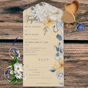 Rustic Blue Yellow & White Floral Yellow Dinner All In One Invitation