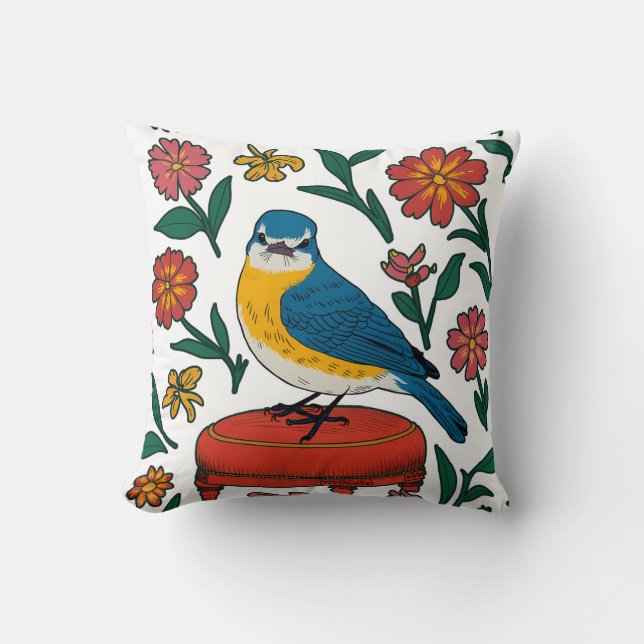 Rustic Bluebird on Pouf in Folk Art Cushion (Front)